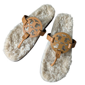 Tory Burch Miller Cloud Cork Shearling Caramel Slip On Sandals Size 9 $268